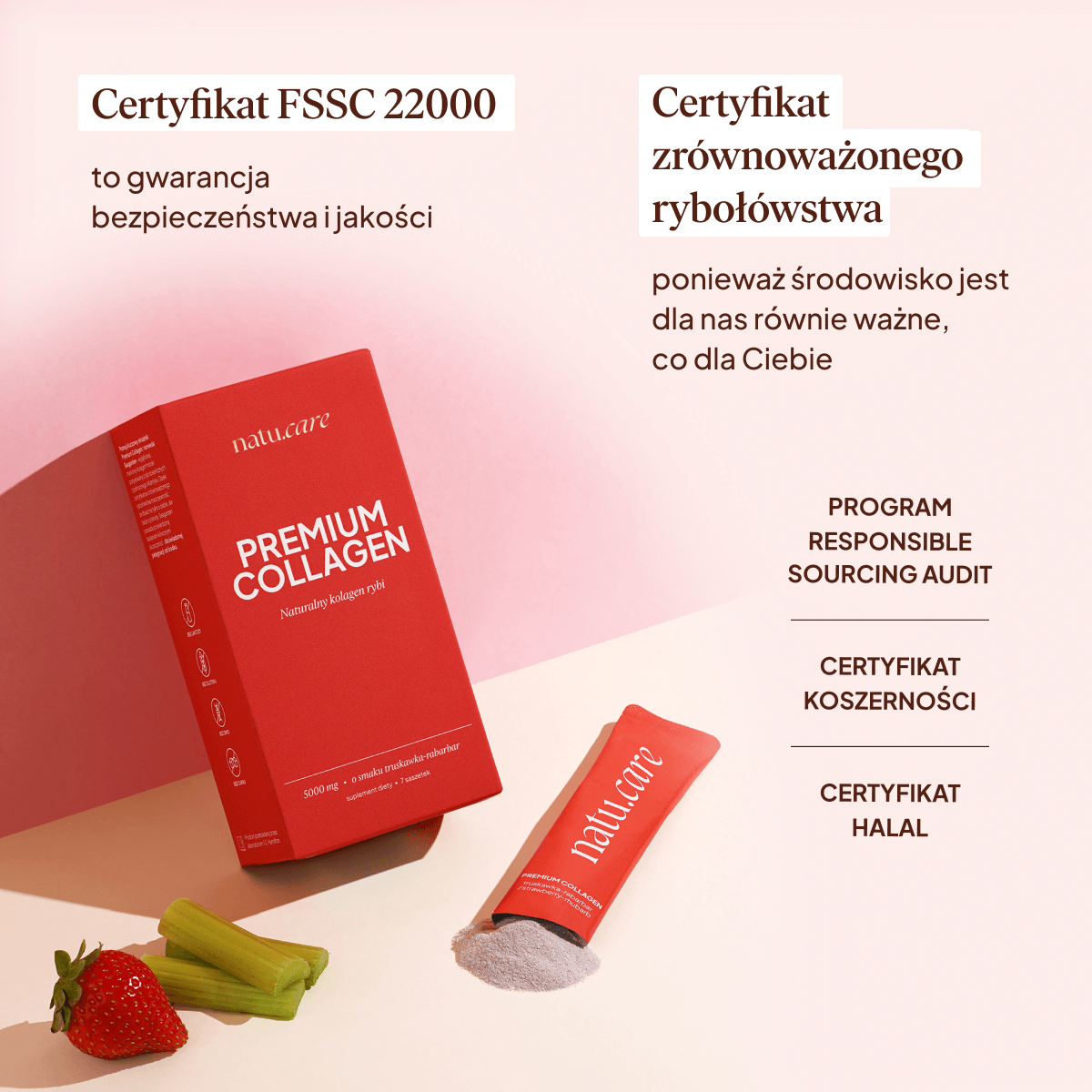 Kolagen Premium 5000 mg, truskawka-rabarbar: 7 saszetek