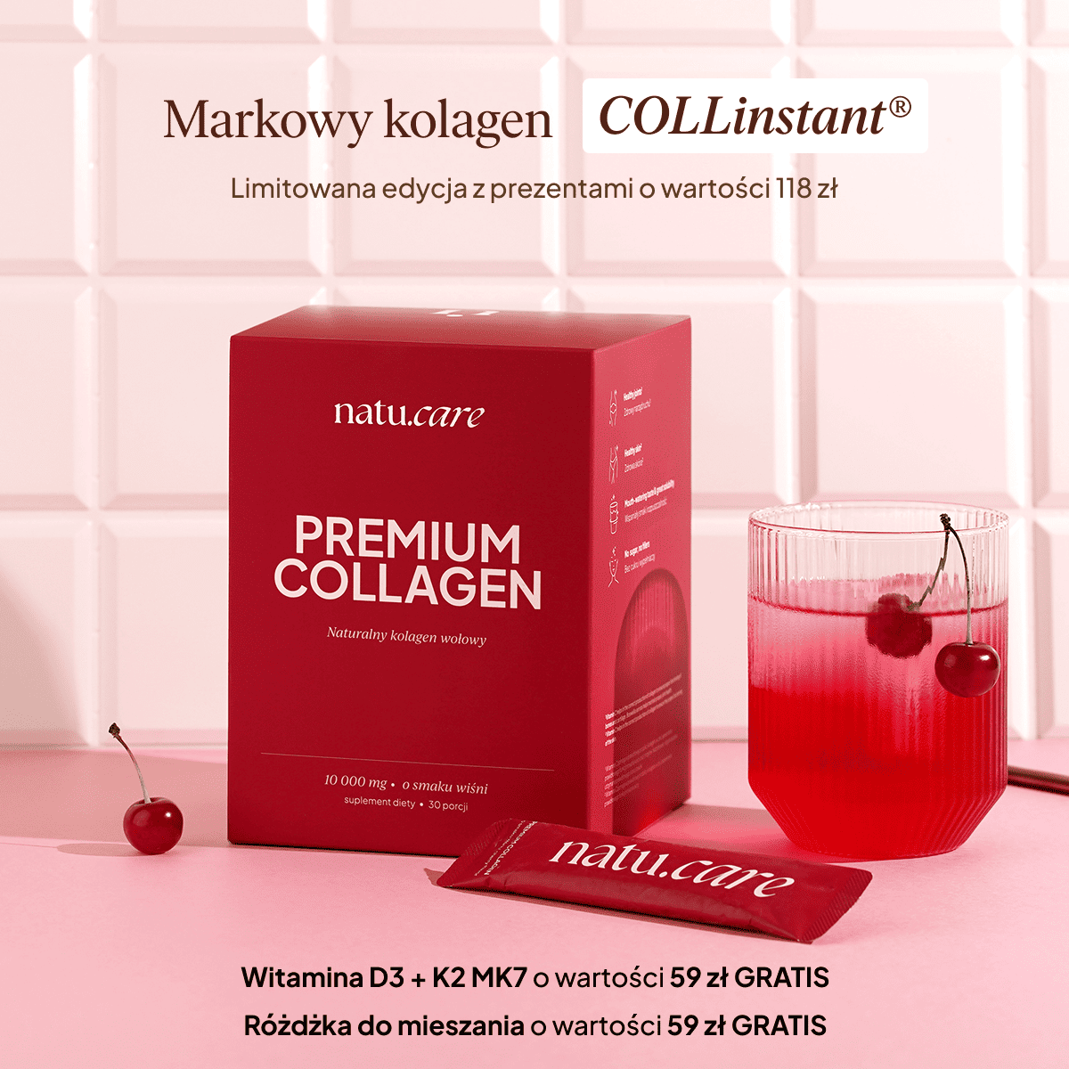 Kolagen Premium Sport Wiśnia 10 000 mg + różdżka i witamina D3K2 gratis