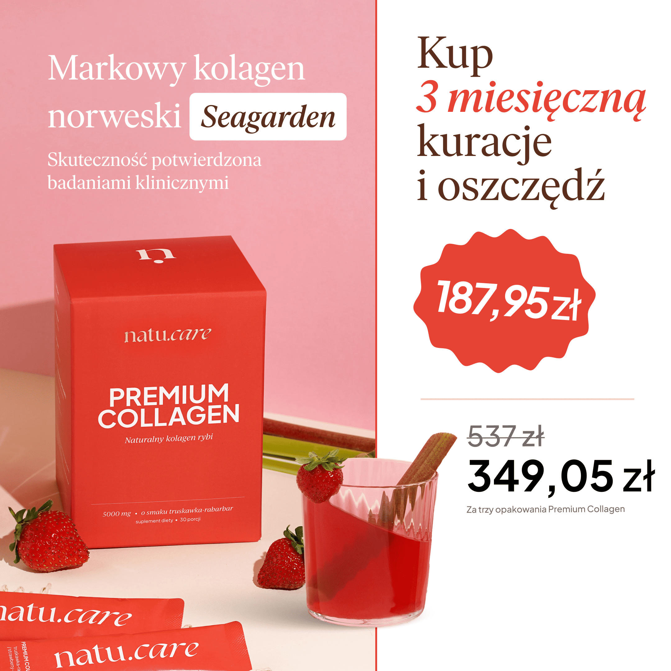 Kolagen Premium 5000 mg, truskawka-rabarbar - 3 miesięczna kuracja