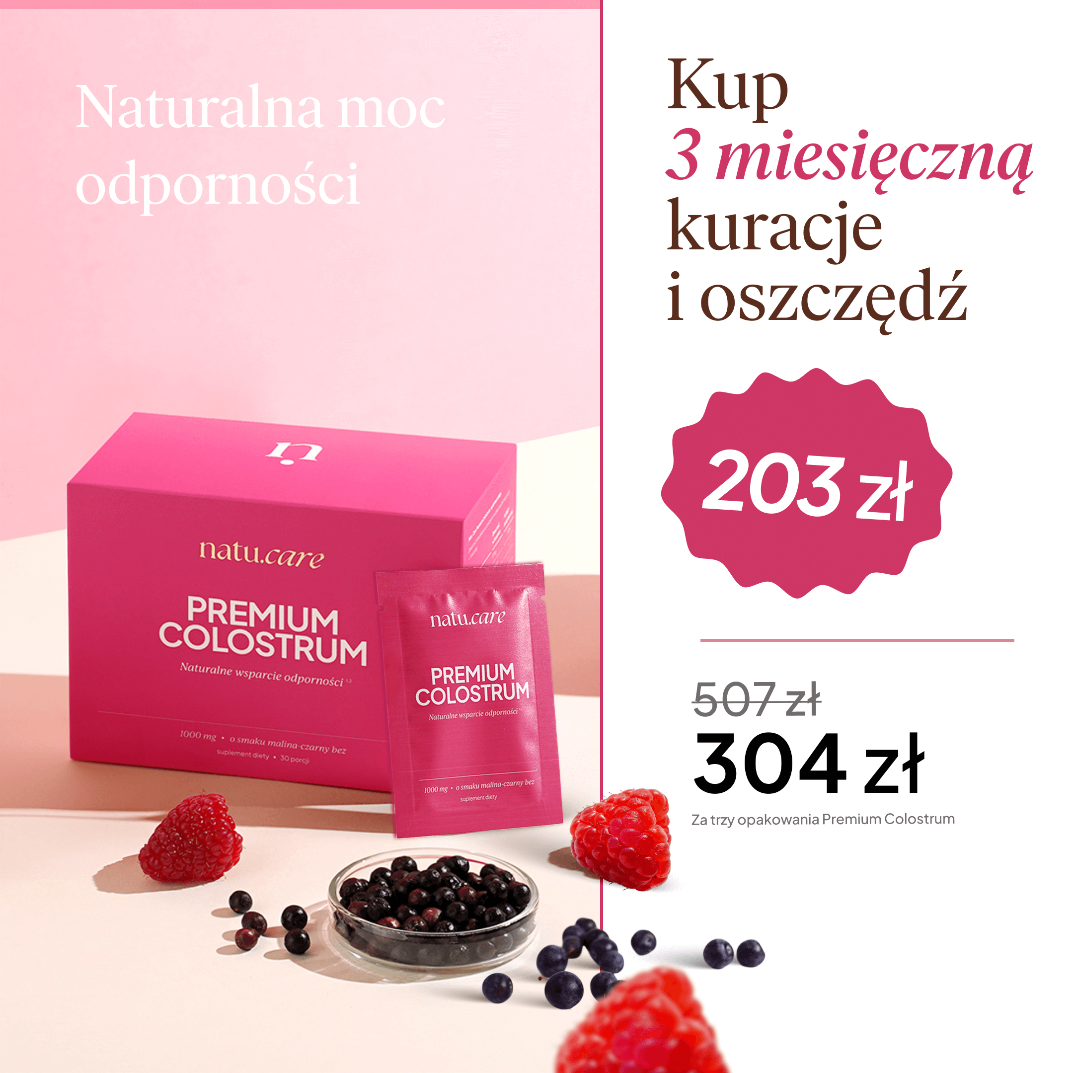 Premium Colostrum, malina-czarny bez - 3 miesięczna kuracja