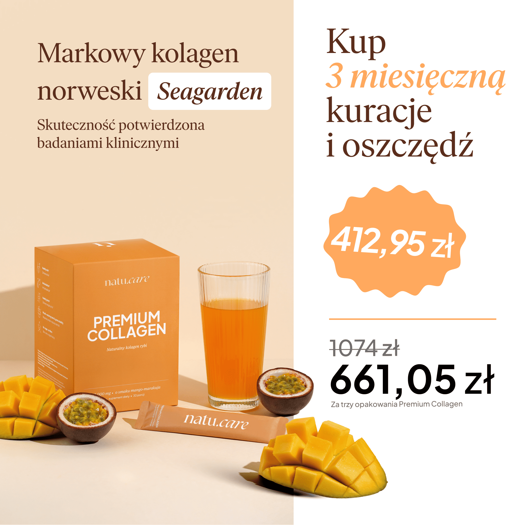Kolagen Premium 10000 mg, mango-marakuja - 3 miesięczna kuracja