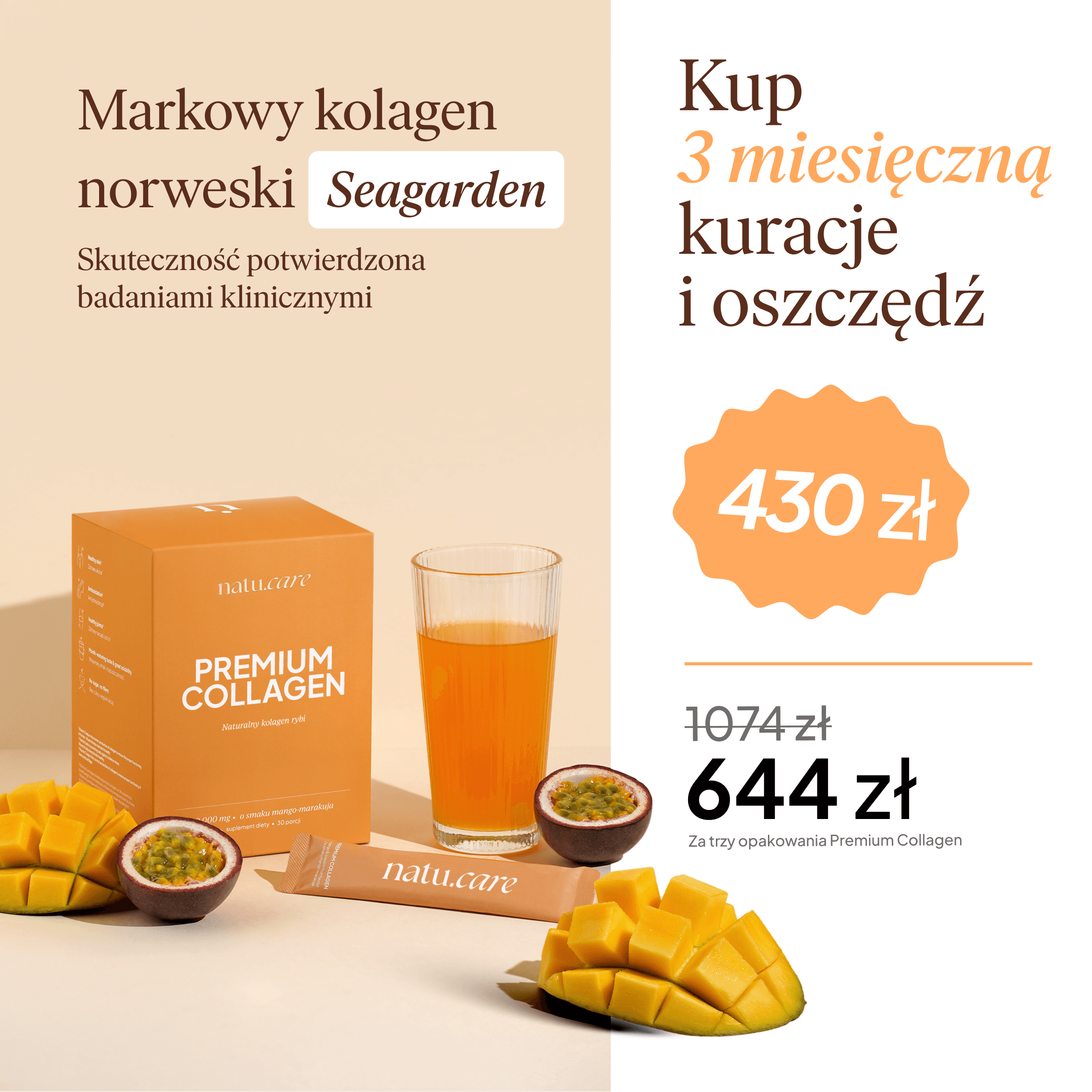 Kolagen Premium 10000 mg, mango-marakuja - 3 miesięczna kuracja
