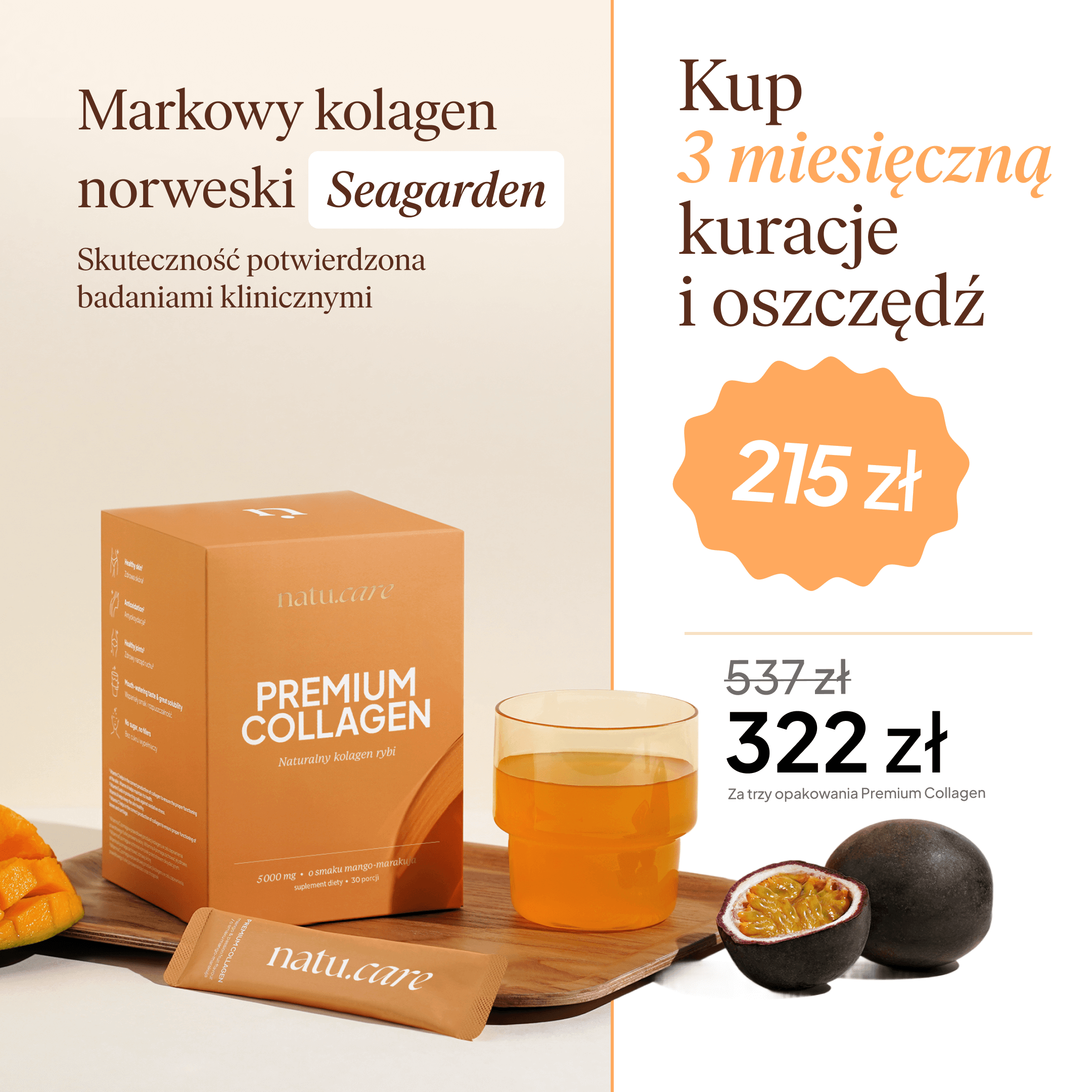 Kolagen Premium 5000 mg, mango-marakuja - 3 miesięczna kuracja