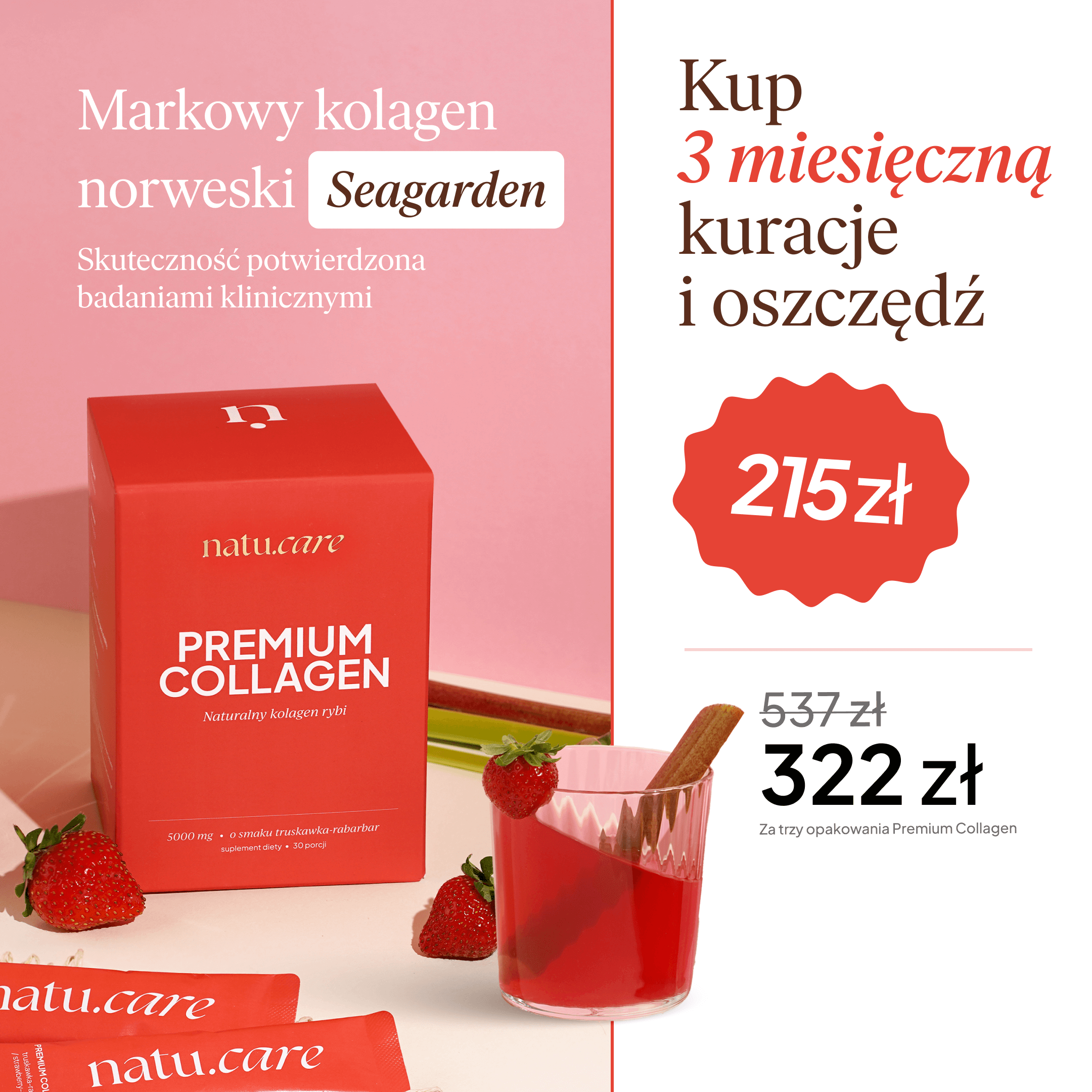 Kolagen Premium 5000 mg, truskawka-rabarbar - 3 miesięczna kuracja