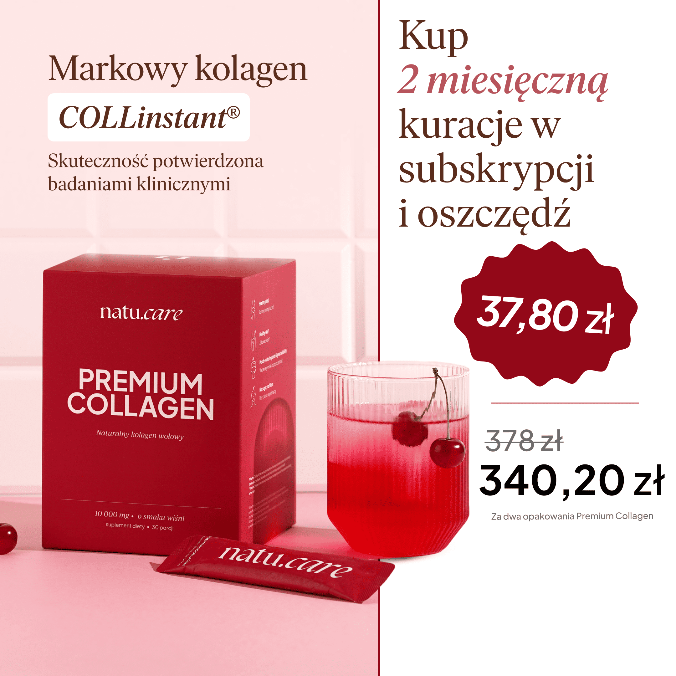 Kolagen Premium Sport 10000 mg, wiśnia - 2 miesięczna kuracja