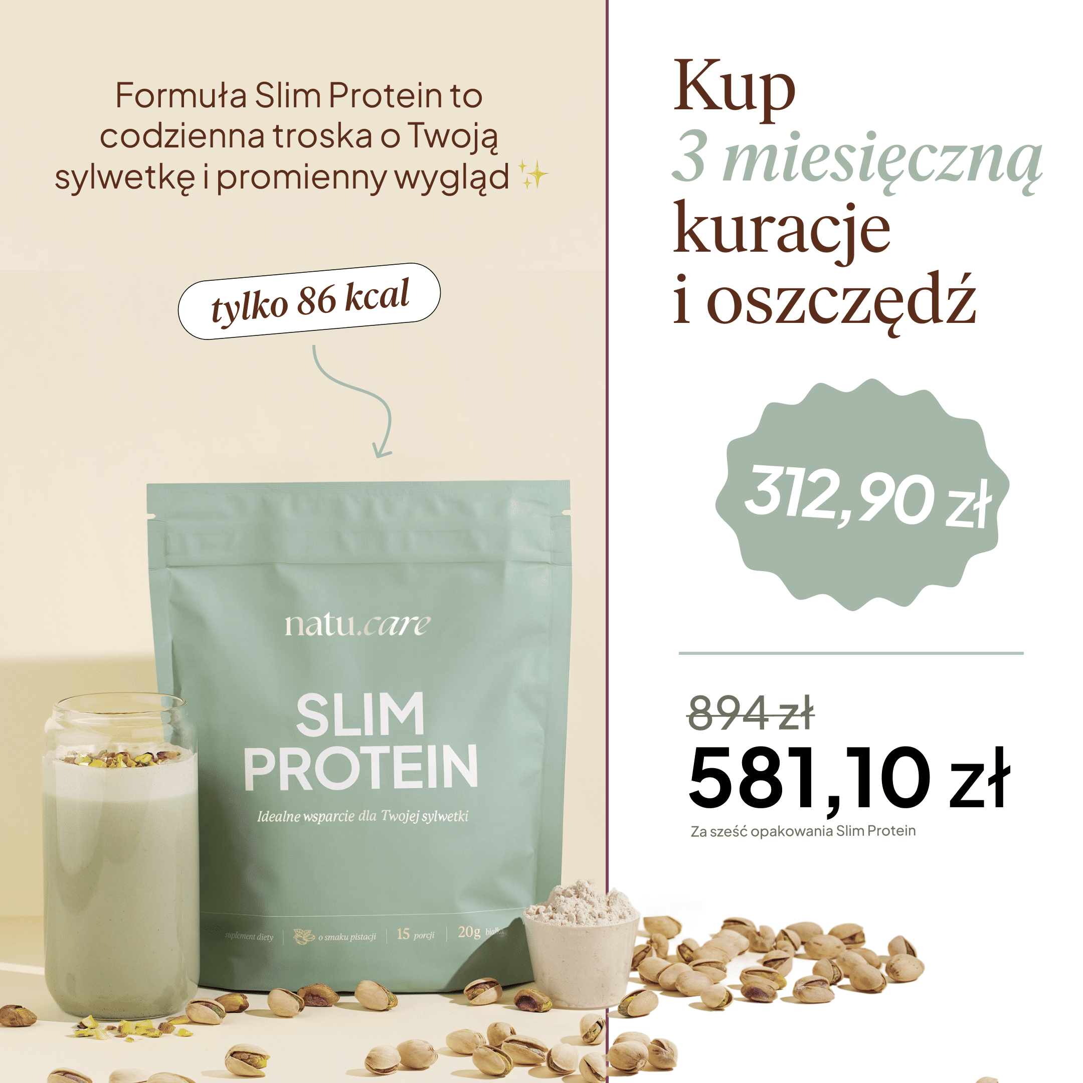 Białko Slim Protein, Pistacja - 3 miesięczna kuracja