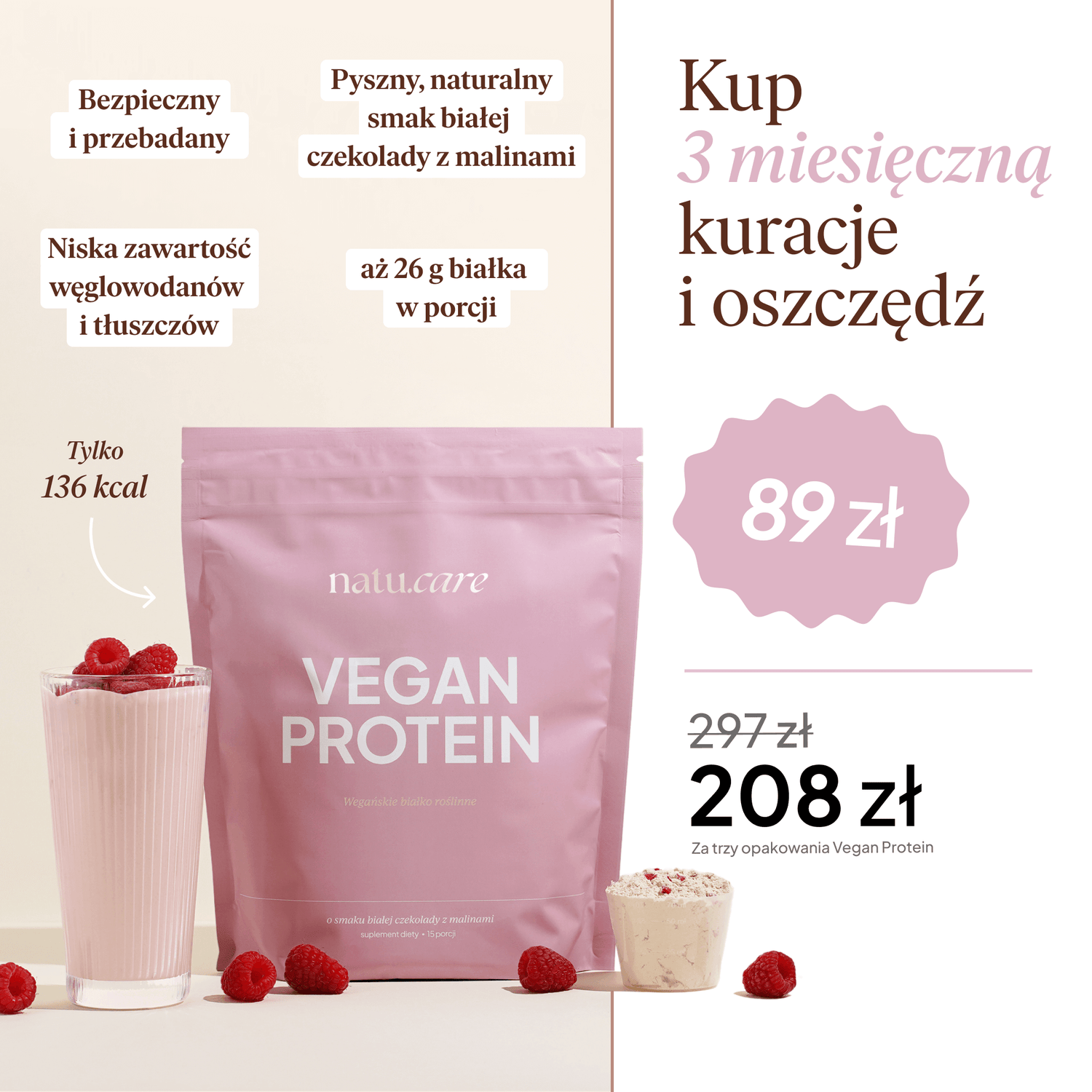 Białko Wegańskie, biała czekolada - malina - 3 miesięczna kuracja