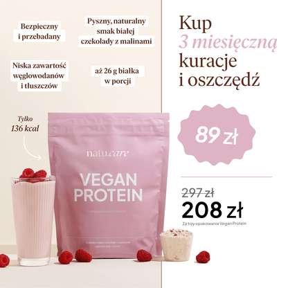 Białko Wegańskie, biała czekolada - malina - 3 miesięczna kuracja