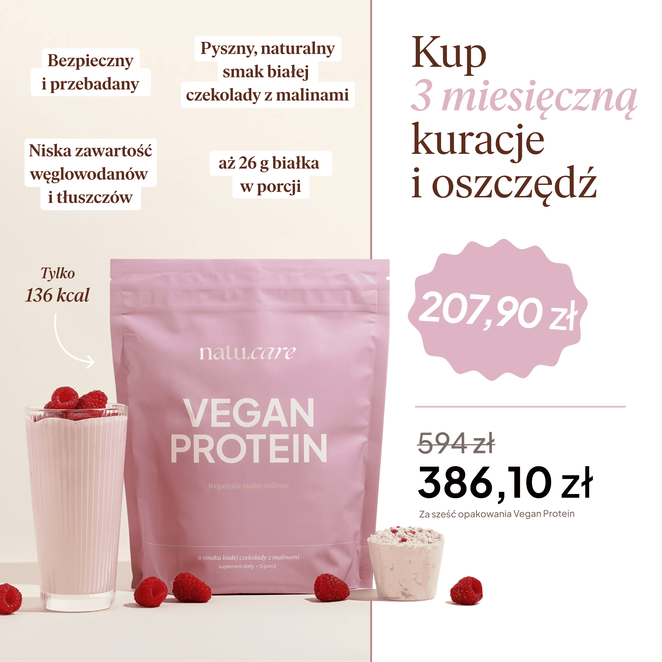 Białko Wegańskie, biała czekolada - malina - 3 miesięczna kuracja